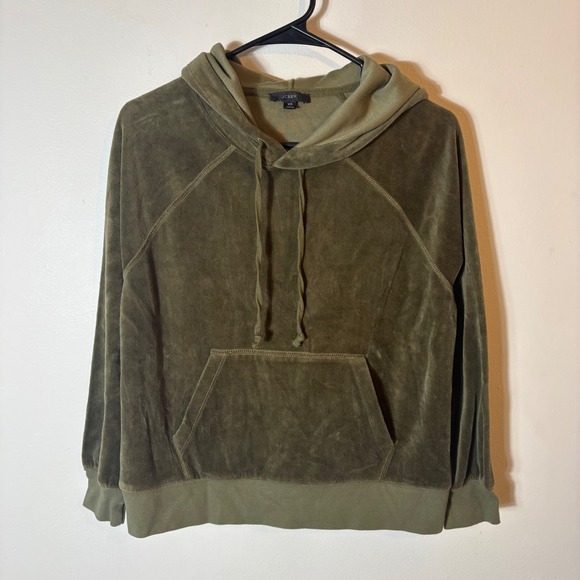 J. Crew Tops - J. Crew Relaxed Velour‎ Hoodie Olive Green Pullover Sweatshirt XS Style BA367